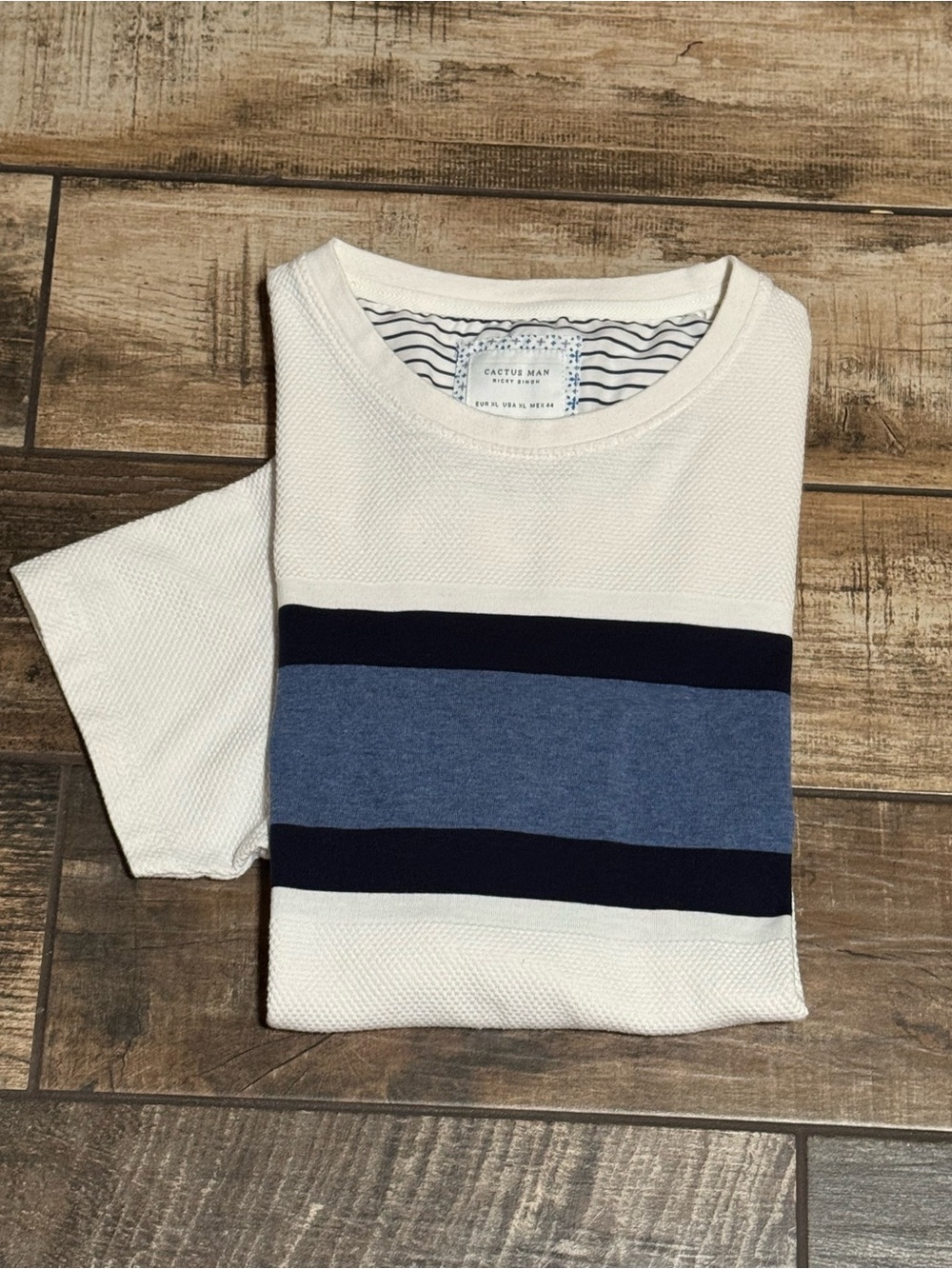 Cactus White Short Sleeve Tee with Blue and Navy Stripes